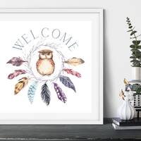 Owl WELCOME Sign, Feather Wall Art,  Guest Room Wall Art, DIGITAL Print for Owl Lovers, Modern Feath