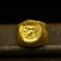 Ancient Art Owl Signet Coin Ring | Athenas Coin Ring | 925 Sterling Silver Ring 24K Gold Plated | Io