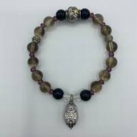 Smokey Quartz Bracelet - Owl Charm Bracelet - Stretch Bracelet - Smokey Quartz Beaded Bracelet with 