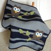 Owl Baby Blanket Boy Baby Shower Gift Navy and Gray