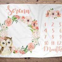Owl With Peach Floral Wreath Woodland Animal Baby Girl Custom Name Milestone Blanket. Woodland Anima