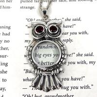 Owl Magnifying Glass Pendant 925 Sterling Silver English Hallmarks Set With Garnet On 32" Rope 