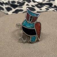 Sterling silver Zuni Owl crushed turquoise & coral  inlay ring size 5. # 2080