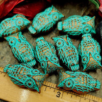 Turquoise Patina, Bronze Patina, Opaque, Owl, Pressed Resin, German Made, 33x15mm, Priced per Piece
