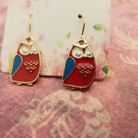 Sale Red White Blue Enamel Owl Gold Filled Earrings, Unique Wise Owl Jewelry, Americana, Love Faith