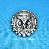 Owl Button With Stars 15/16", Large Handmade Solid Cast Metal Owl Face with Stars Shank back se