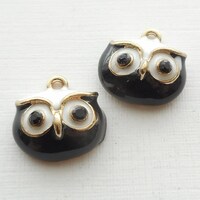 6pcs-gold tone black enamel Owl head charm w/ black rhinestone eyes - pick the color