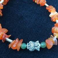 Owl bracelet with orange carnelian and green jade