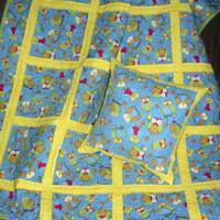 2 Piece Owl Quilt & Pillow Set, Blue, Yellow Quilt, Baby, Toddler Quilt, Crib or Youth Bed Quilt