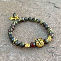 Bloodstone Beaded Stretch Bracelet: Boho Owl Charm, Healing Gemstones
