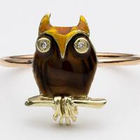 Vintage Owl Ring in 14K Gold with Genuine Diamonds and Hand Enameling, Antique Enamel Ring on Rose G