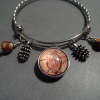 Owl Bangle Bracelet: Photo Snap, Pinecone Charms, Agate Beads