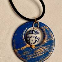 Handmade Blue Moon Ceramic Owl Pendant Choker Necklace Native American Made by Hidden Bear