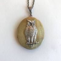 Vintage Owl locket necklace, large antique brass locket, long brass chain, women's jewelry, gift