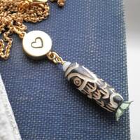 Wood Owl Charm Necklace &ndash; Stamped Heart Pendant, Boho Animal Totem