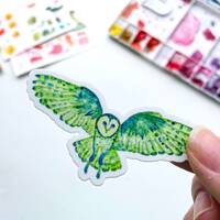 Whimsical Barn Owl Watercolor Sticker | Green Flying Barn Owl Art Sticker | Weatherproof Waterproof 
