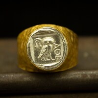Owl Signet Ring | 925 Sterling Silver | Athena Owl Coin Ring | Ancient Greek Jewelry | Ionia Bird Ri