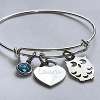 Owl bracelet-with engraved name charm and birthstone-personalized owl bracelet-Bird jewelry