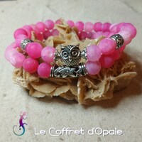 Bracelet double hibou en agates givr&eacute;es craquel&eacute;es Fire Dragon roses et perles en m&ea
