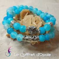 Bracelet double hibou en agates givr&eacute;es craquel&eacute;es Fire Dragon turquoises et perles en