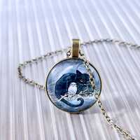Owl and Black Cat Pendant Necklace – Witchy Jewelry, Gothic Animal Charm, Moon Magic Gift for 