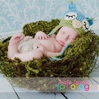 Mr Sleepy Owl Beanie in Aqua Blue and Celery Green Available in Newborn to 5 Years Size- MADE TO ORD