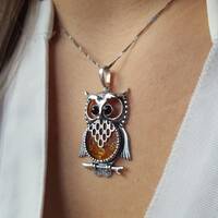 Statement Baltic Amber Owl Necklace, Silver and Amber Owl Necklace, Owl Graduation Gift, Silver Owl 