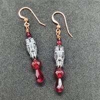 Gothic black owl and blood red rose drop copper dangle earrings.