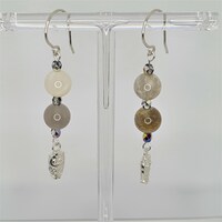 Sterling Silver Owl Earrings &ndash; Peach Moonstone Dangle, Handmade