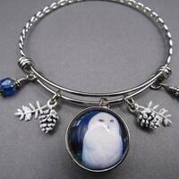 Snow Owl Charm Bangle Bracelet: Pinecone & Blue Cathedral Beads