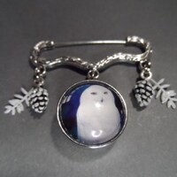 Snow Owl Brooch Pin: Photo Snap Charm, Pinecone & Branch
