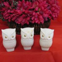 Avon, Precious Owl, 2 LEFT, White Jar, White Plastic, Head Cap, Painted Gold Eyes, Cream Sachet, Jar