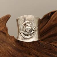 Owl Ring, Sterling Silver Bird Ring, Wide Band Thumb Ring, Owl On Branch, Owl Moon, Hammered Rings F