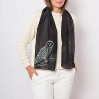 Barn Owl Hand Painted Black Silk Scarf Bird Lover Gift Owl Gift 52X13