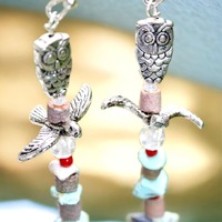 Owl and bird "totem pole" beaded earrings