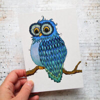 Blue owl illustration, owl art, bird decor, blue decor, hand drawn art, colourful original art, bird
