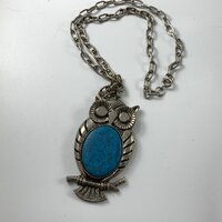 Vintage 1970's Silvertone Owl Necklace with Faux Turquoise