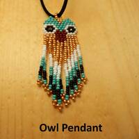 Owl Pendant. Seed bead weaving turquoise owl strung on black leather. Gift for him or her. Christmas