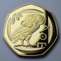 Ancient Greek 'Owl of Athena' 24ct Gold Commemorative. Athenian Tetradrachm Coin 450BC. Repr