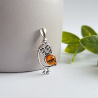 Amber and Sterling Silver Owl Pendant, Small Amber Stone Necklace, Baltic Amber Owl, Fashion Owl Jew