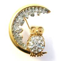 Vintage Brooch, Small Crystal Rhinestone Set Owl And Crescent Moon Pin By Attwood And Sawyer, 80s 90