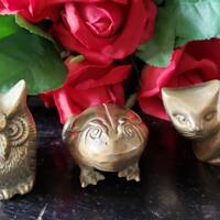 Vintage Three Different Brass Animals Figurines Cat, Owl OR Frog.  Retro Vibe Decor 1970's Wise 