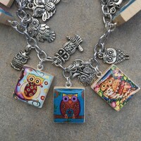 Owl Charm Bracelet: Recycled Scrabble Tile Art, Silver Plated