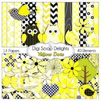 Yellow & Black Scrapbook Kit: Dots, Daisies, Owls (Digital Download)