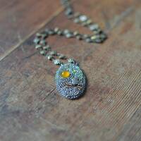 Embroidered Owl Necklace: Starry Night Beaded Pendant, Antique Gold Chain