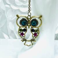 Owl Rhinestone Necklace Old Gold Tone Multi Colored Rhinestone Necklace