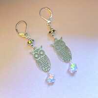 Silver Owl earrings with rhinestone rondelles and glass star/Birthday gifts for her