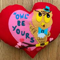 Handmade Wool Felt Heart Pillow: Vintage Owl Valentine Decor