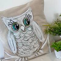 Boho Owl, Farmhemian, Hand-painted, Pillow Cover