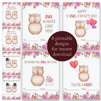 Owl Valentine's Day Printable Cards with Flowers, Set of 8 Designs, Gender Neutral, Classmate Va